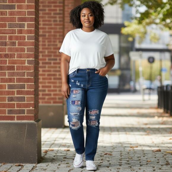 None and/or Unknown Denim - American Flag Distressed Boyfriend Jeans Women Sz 16